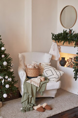 Fototapeta na wymiar Christmas scandinavian living room. Green and white decor christmas tree background. New Year celebration. Merry Christmas and Happy New Year.
