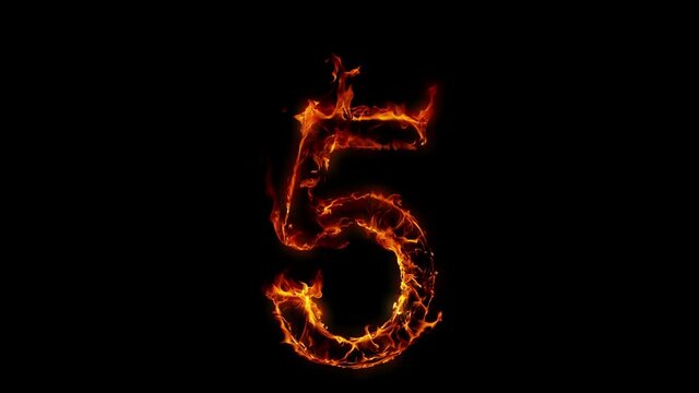 Super Slow Motion Shot of Burning Number 5 Isolated on Black Background at 1000 fps.