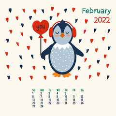 Naklejka premium Calendar with a penguin. Cartoon animal for the month of February. Annual planner for 2022. A good organizer and schedule, days and weeks. Vector illustration