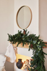 Christmas scandinavian living room. Green and white decor christmas tree background. New Year celebration. Merry Christmas and Happy New Year.