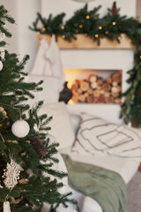 Christmas scandinavian living room. Green and white decor christmas tree background. New Year celebration. Merry Christmas and Happy New Year.