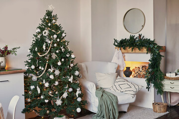 Christmas scandinavian living room. Green and white decor christmas tree background. New Year celebration. Merry Christmas and Happy New Year.