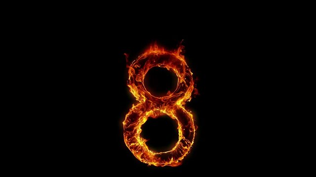 Super Slow Motion Shot of Burning Number 8 Isolated on Black Background at 1000 fps.