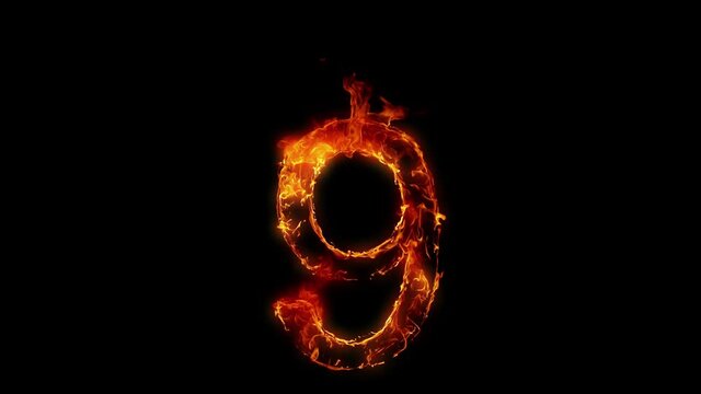 Super Slow Motion Shot of Burning Number 9 Isolated on Black Background at 1000 fps.