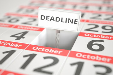 DEADLINE notice on October 5 in a calendar, 3d rendering