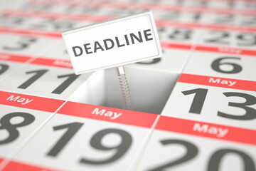 DEADLINE plate on May 12 in a calendar, 3d rendering