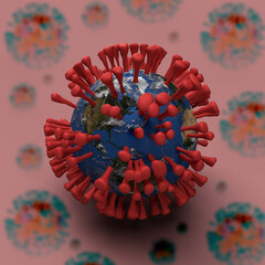 3d illustration of a globe associated with a Covid 19 virus cell