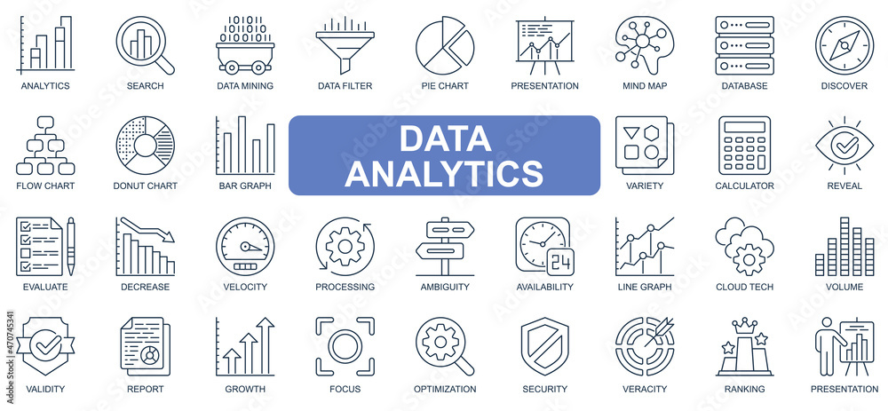 Fototapete Data analytics concept simple line icons set. Bundle of search, mining filter, pie chart, presentation, database, calculator and other. Vector pack outline symbols for website or mobile app design