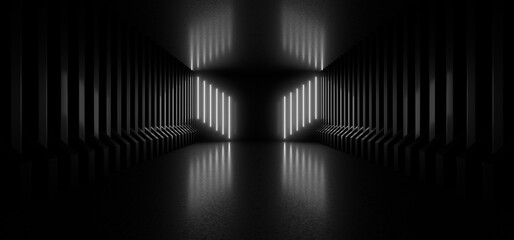 Naklejka premium A dark tunnel lit by white neon lights. Reflections on the floor and walls. 3d rendering image.