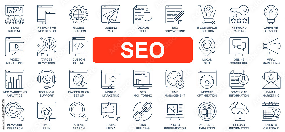 Poster seo concept simple line icons set. bundle of optimization, solution, landing page, keyword, ranking,