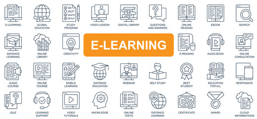 E-learning concept simple line icons set. Bundle of global education, study program, video lesson, digital library, webinar and other. Vector pack outline symbols for website or mobile app design
