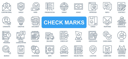 Check marks concept simple line icons set. Bundle of email, shield, hand, presentation, target, money, approved, reply, contract and other. Vector pack outline symbols for website or mobile app design