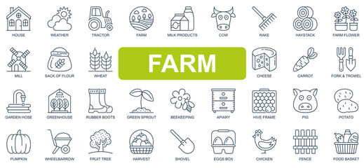 Farm concept simple line icons set. Bundle of house, tractor, milk products, cow, cheese, carrot, garden, greenhouse, beekeeping and other. Vector pack outline symbols for website or mobile app design