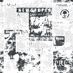 Abstract seamless pattern with an old faded newspaper with illegible text, titles and illustrations. Monochrome black and white vector background in grunge style, wallpaper, wrapping paper or fabric