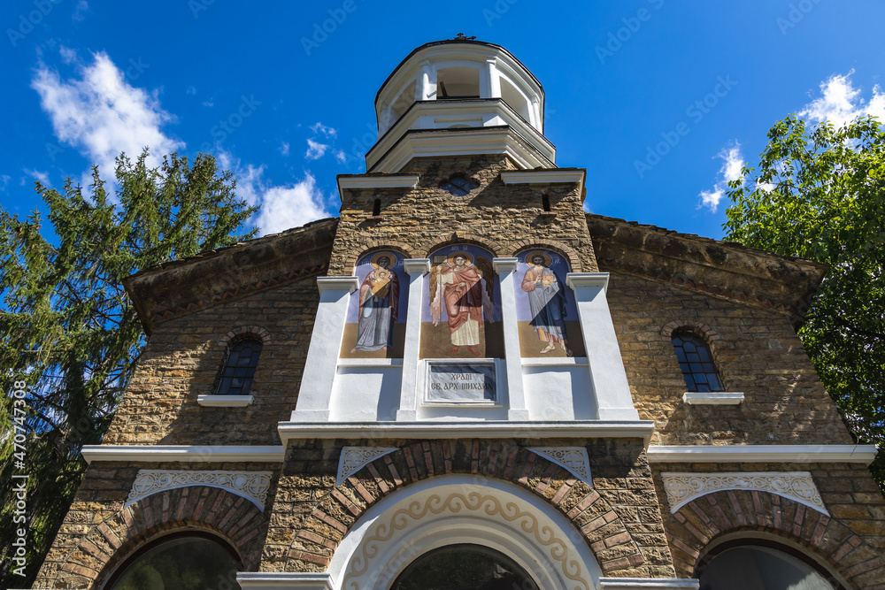 Poster Facade of Archangel Michael Church in Orthodox Dryanovo Monastery near Dryanovo town in Bulgaria