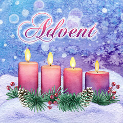 Watercolor purple advent candles in a snowy background