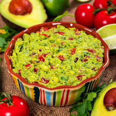 Bowl of Avocado Guacamole Mexican Dip with Avocado, Lime, Tomato, Cilantro with Fresh Ingredients on a Table with Tortilla Chips. Selective focus.