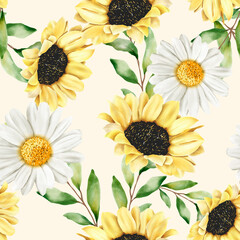 hand drawn watercolor sun flower and daisy seamless pattern