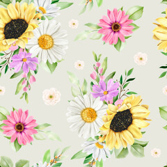 hand drawn watercolor sun flower and daisy seamless pattern