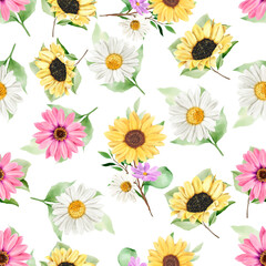 hand drawn watercolor sun flower and daisy seamless pattern