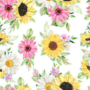 hand drawn watercolor sun flower and daisy seamless pattern