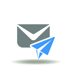 Vector illustration of mail letter with paper airplane. Icon of email. Symbol of e-mail internet service. Chat message sign.