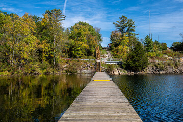 long pier on a lake with fall color trees