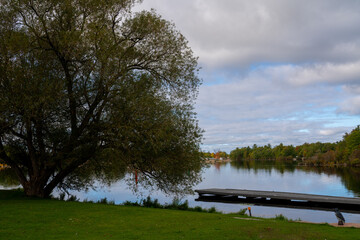 pier on lake and big tree cloudy sky