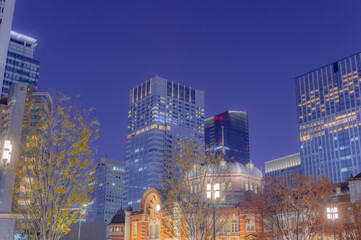 Fototapeta na wymiar 東京都千代田区丸の内の東京駅周辺の夜の都市景観