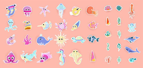 A set of cute marine and ocean underwater inhabitants isolated on a white background. ​A bundle of cartoon hand drawn animals. Sticker Ocean animals. Cute sea animals characters. Vector illustration