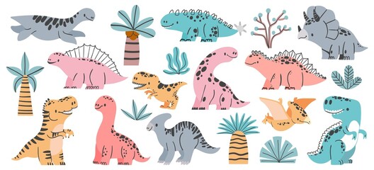 Fototapeta na wymiar Set with little cute dinosaurs. Collection in in scandinavian style with funny dinos, trees and leaves on white background. Velociraptor, triceratops, tyrannosaurus. Kids vector illustration