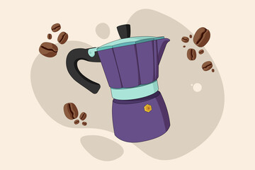 Purple Moka Pot surrounded by coffee beans, used for traditional Italian coffee making.