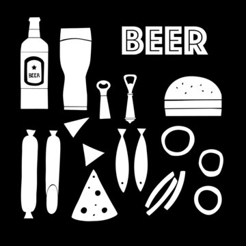 A set of vector images on the theme of beer: bottle, glass, sausage, chips, snacks. Flat, illustration. Cafe, restaurant, pub, picnic. White on black.