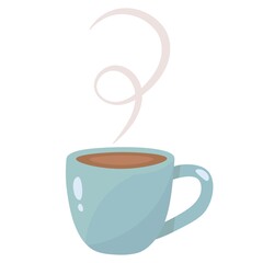 Cute coffee cup for your design. Blue ceramic mug with coffee or tea. Steam clubs. Minimalism. Good morning poster. Vector flat isolated illustrations of mug of strong drink close up.