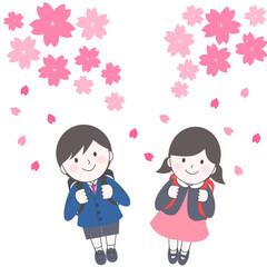 桜を見上げるランドセルを背負った男の子と女の子