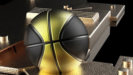 Black-Yellow Basketball on Copper Mechanical Titanium Plates. 3D illustration. 3D CG. High resolution.