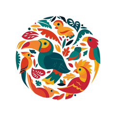 Vector illustration of a bright tropical bird on a foliage ornament background. Tropical nature colorful icons.