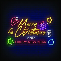 Merry Christmas and Happy new year Neon Signs Style Text Vector