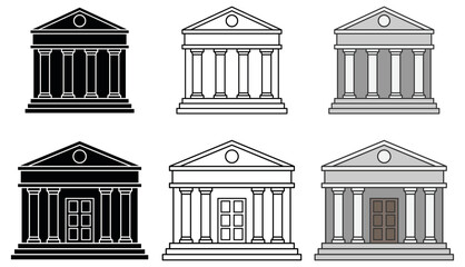 Traditional Bank or Government Building Clipart Set - Outline, Silhouette and Color