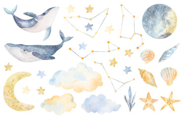 Big watercolor set with whales, constellations, moon, stars, clouds. Hand made illustrations clip art. Design, baby shower, kids cards, linens, wall stickers, postcard, cases design, nursery posters.