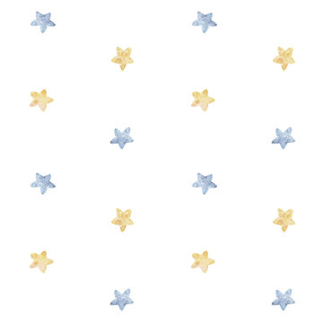 Watercolor seamless pattern gentle golden and blue stars on white background. Hand made illustrations print. For design, baby room, cards, linens, linen, wallpaper, cases design, posters.
