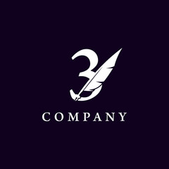 Number 3 with Feather Quill Pen Notary Writer Journalist Logo Design Inspiration