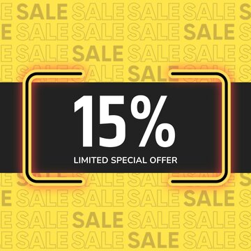15 percent discount, fifteen percent symbol discount. 15 % off promotion sale banner, text 15 percent off