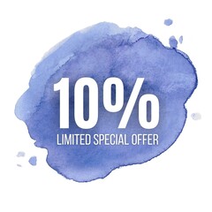 10 percent discount, Ten percent symbol discount. 10 % off promotion sale banner, blue text 10 percent off