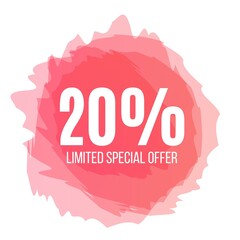 20 percent discount, twenty percent symbol discount. 20 % off promotion sale banner red