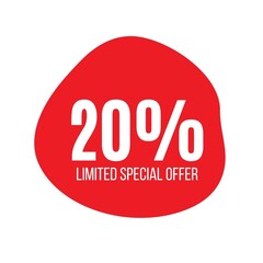 20 percent discount, twenty percent symbol discount. 20 % off promotion sale banner, red text 20 percent off