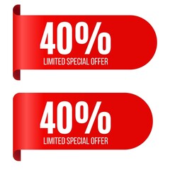 40 percent discount, forty percent symbol discount. 40 % off promotion sale banner, red text 40 percent off