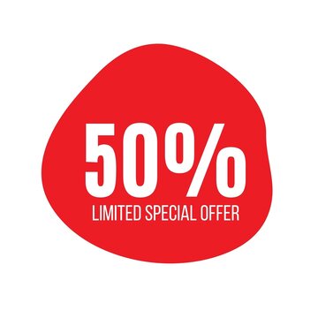 50 percent discount, fifty percent symbol discount. red text 50 percent off