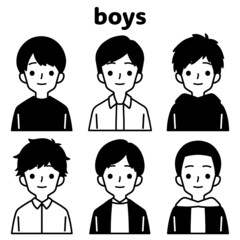 人物イラストセット_かわいい私服の男の子_モノトーン