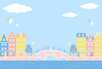 vector background with city landscape with a bridge and colorful houses along the canal for banners, cards, flyers, social media wallpapers, etc.